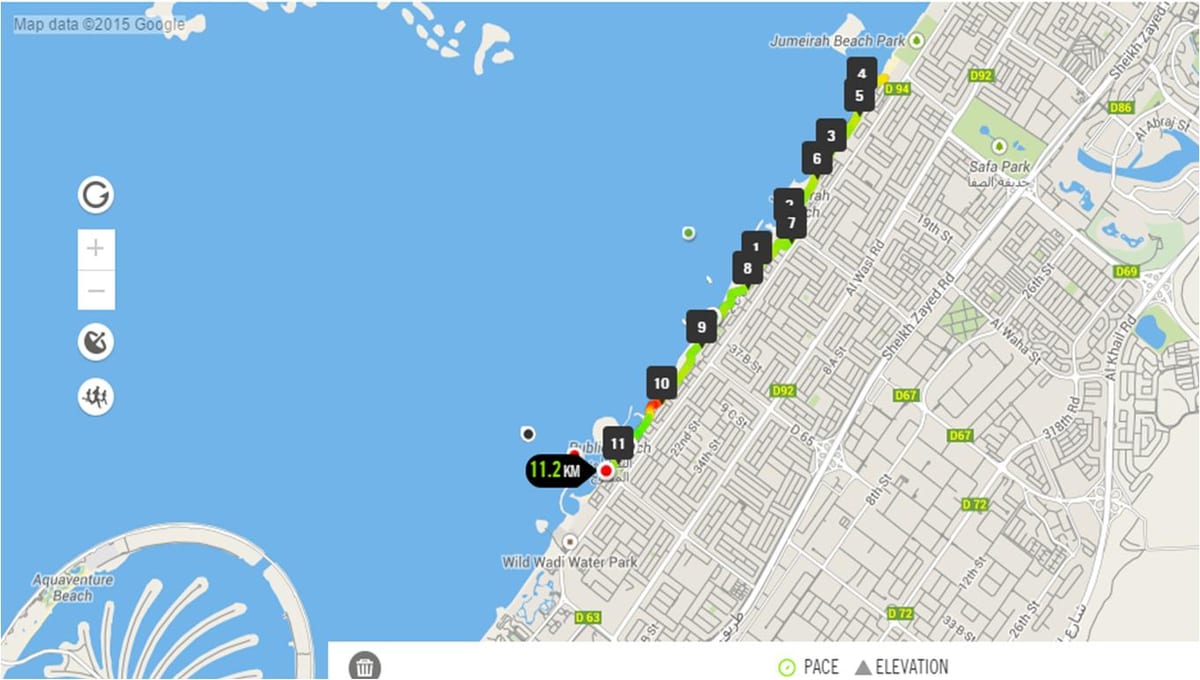 Jumeirah ชายหาดวิ่งตามแผนที่